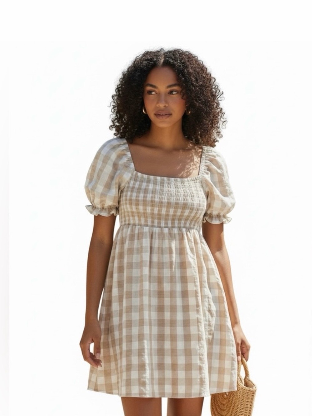 House of Harlow 1960 NWT 100% Linen Smocked Gingham Puff Sleeve Sundress Size S